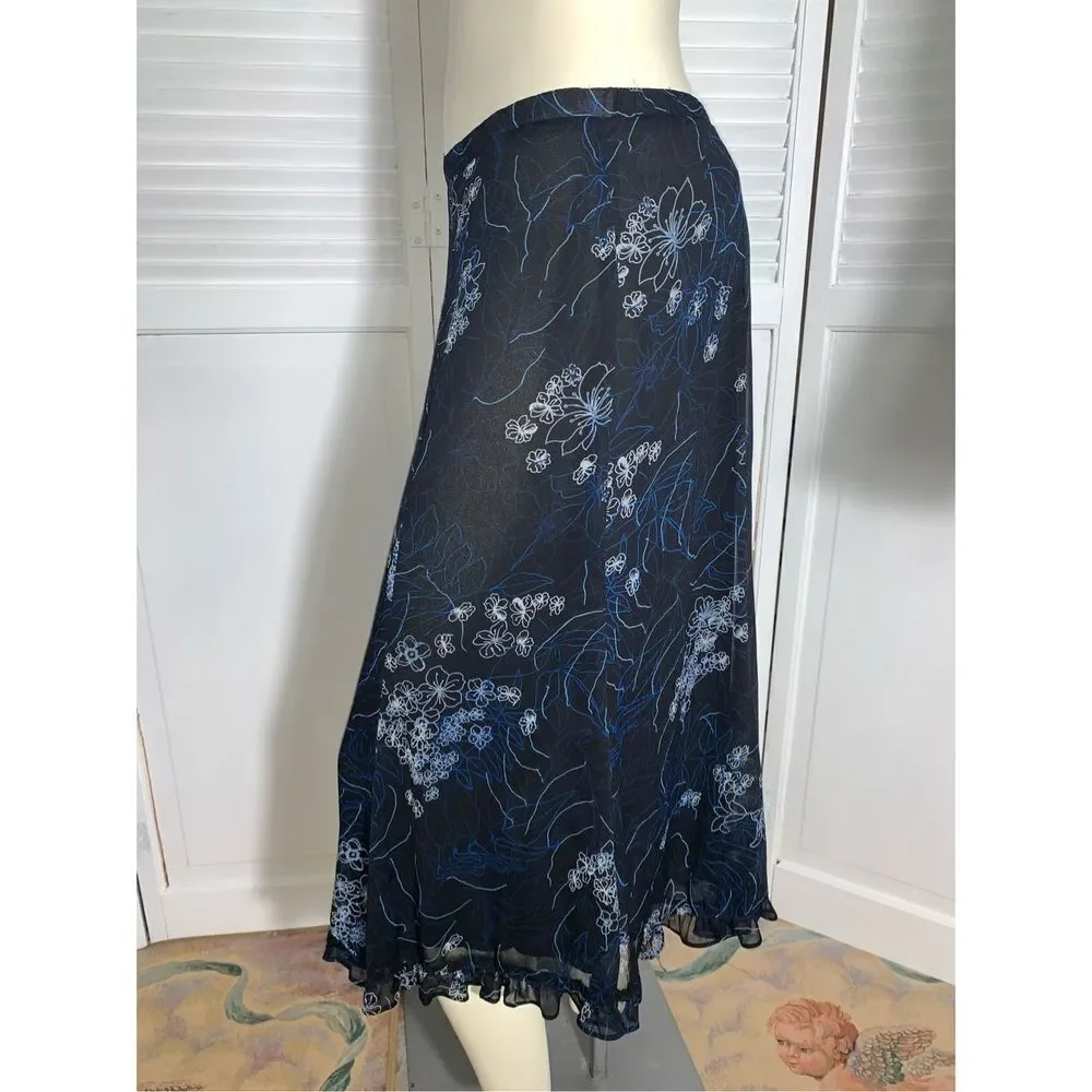 Vintage,‎ dark floral, double layered, sheer chiffon, midi skirt, size 12 ￼